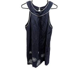 Vintage Jessica Howard Linen Dress Embroidered Floral Scallop Size 12 Large Navy